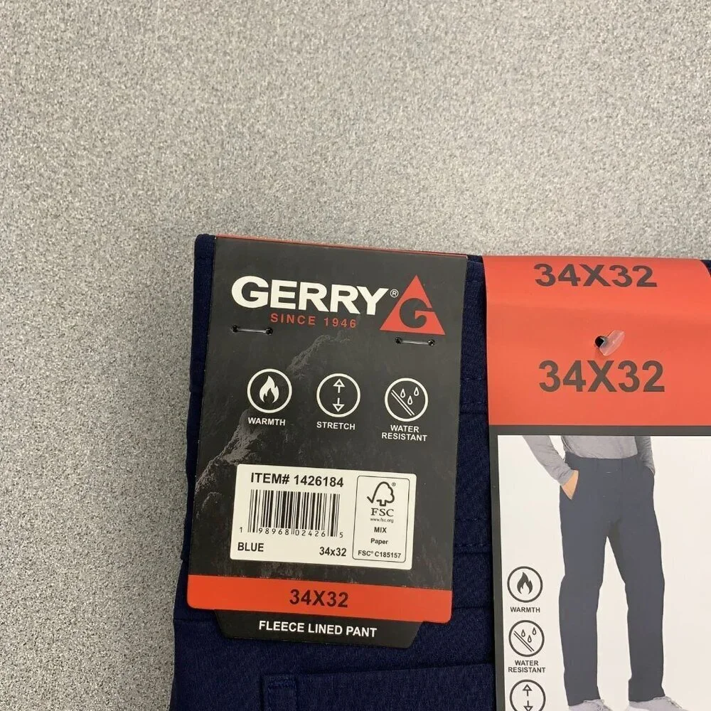 Gerry Men's 34x32 Blue Fleece Lined Pants Water-Resistant Stretch Warm G1923